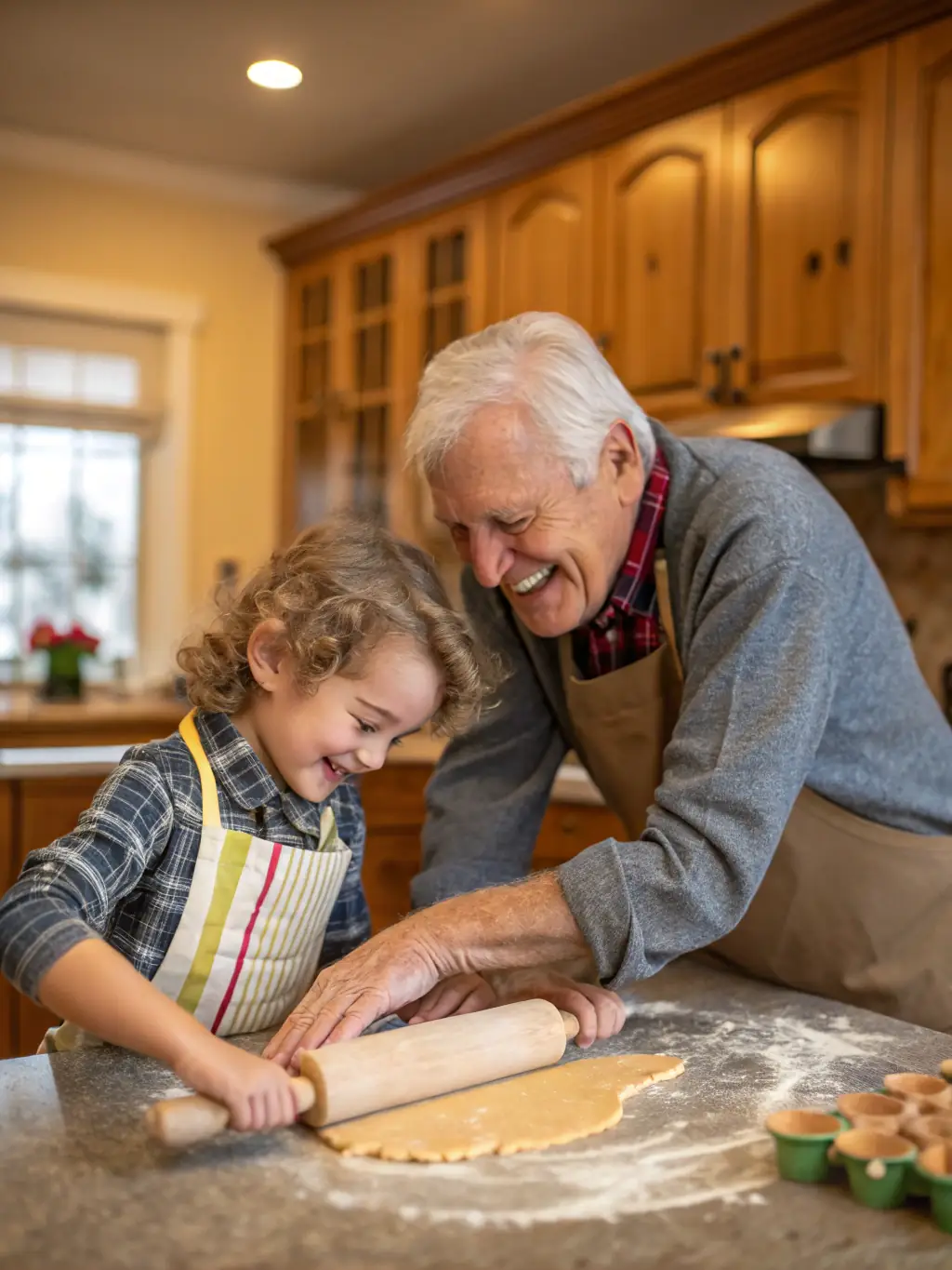 A grandfather and his grandchild are happily working together in the kitchen, baking cookies. The scene is warm and inviting, emphasizing the joy of shared activities.