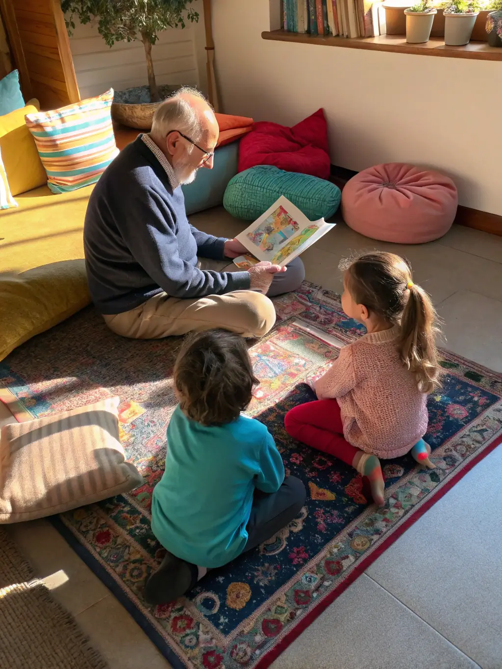 A grandfather is reading a bedtime story to his grandchild, both smiling and engaged in the narrative. The setting is cozy and comforting.