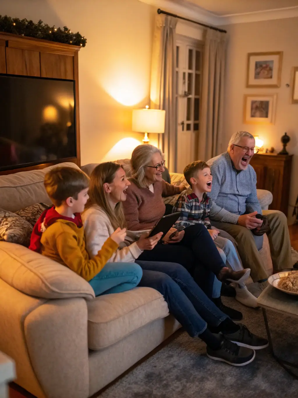 A group of children and their grandparents are playing a board game together, laughing and having fun. The atmosphere is lighthearted and engaging.